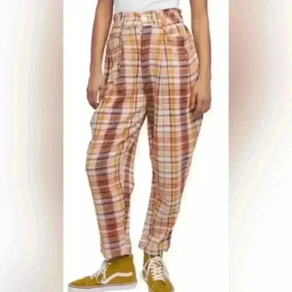 Free People Make A Stand relaxed, yellow and red plaid, wide leg pants; size M - Picture 1 of 13